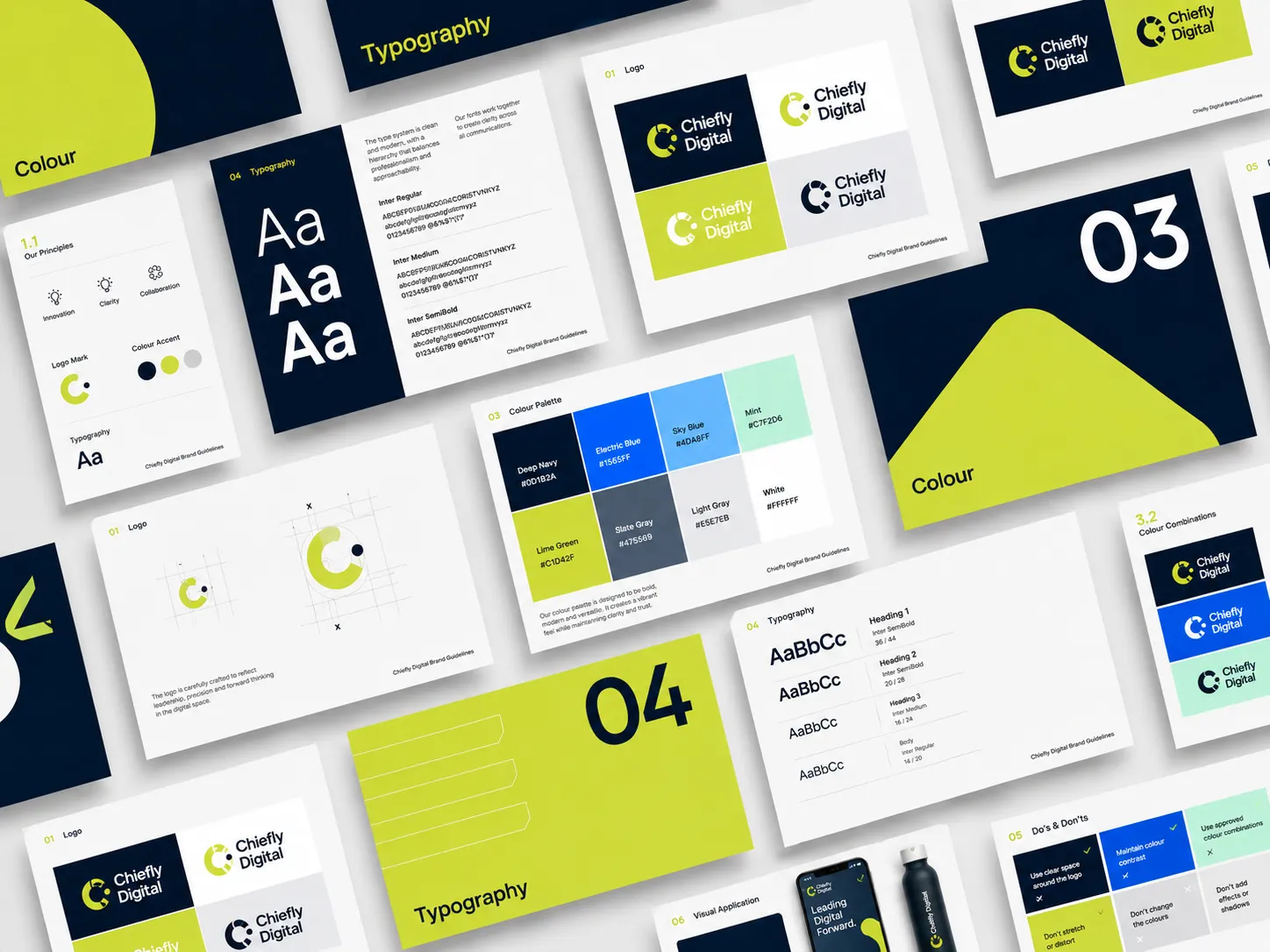 A dynamic flat lay of branding guideline sheets, presenting color schemes and design layouts in bright green, deep navy, and white.