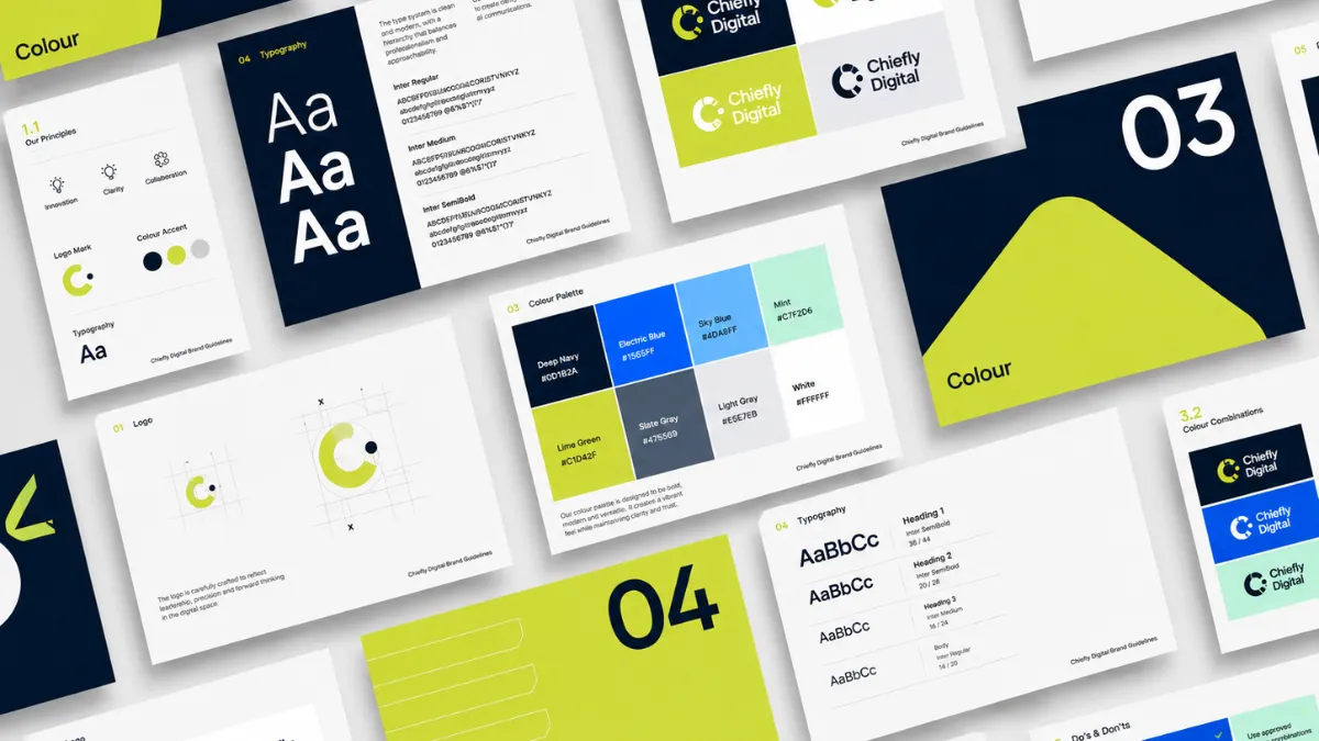 A dynamic flat lay of branding guideline sheets, presenting color schemes and design layouts in bright green, deep navy, and white.