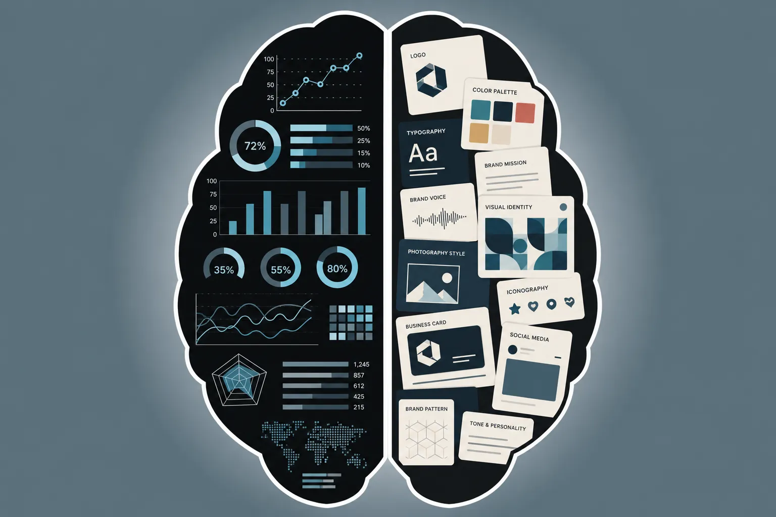 Brain illustration depicting a left side of data charts and a right side of creative branding elements.