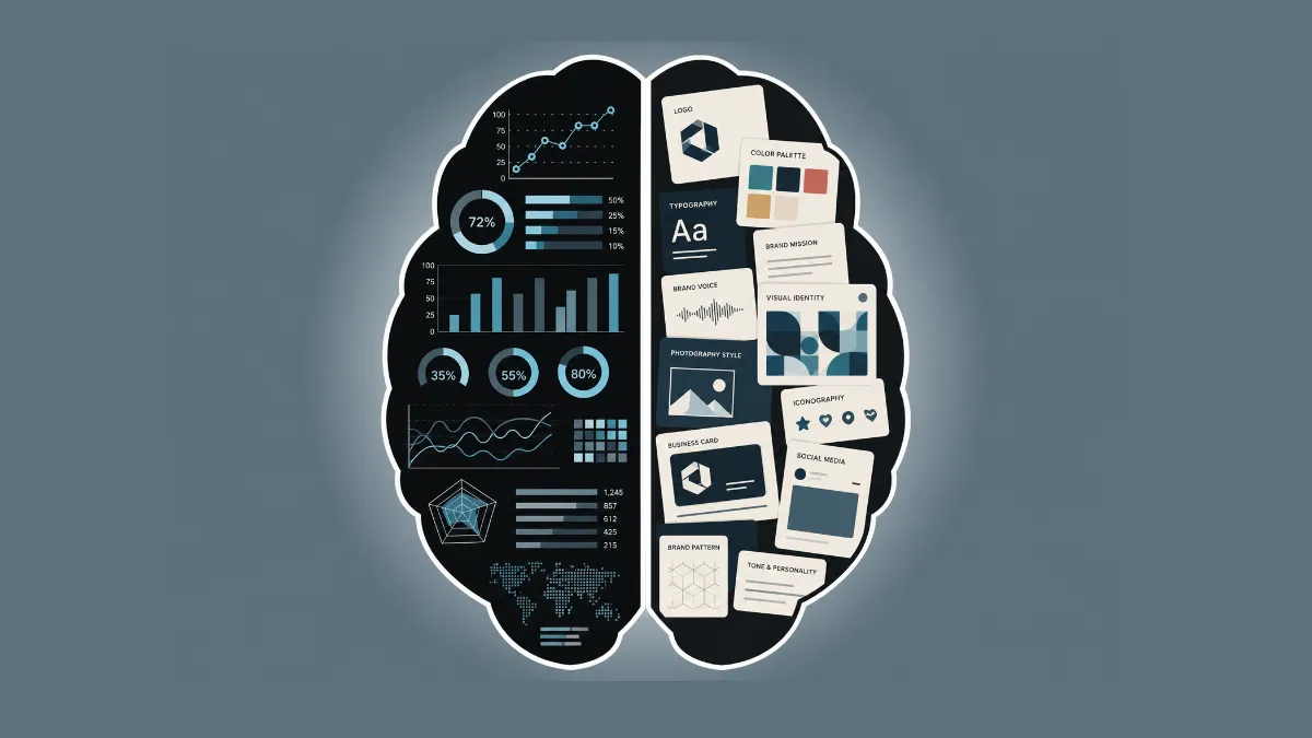 Brain illustration depicting a left side of data charts and a right side of creative branding elements.